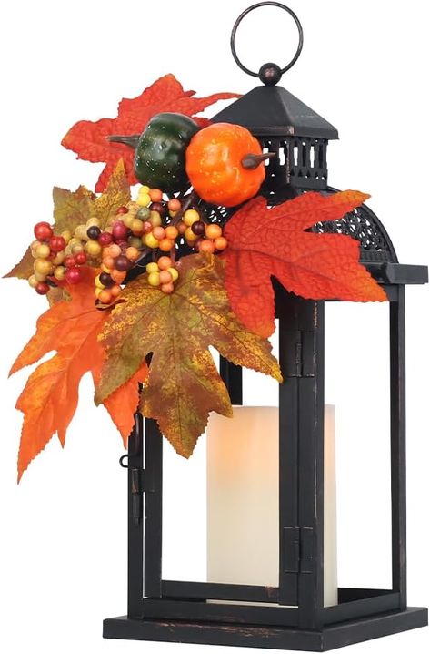 NEEDOMO Fall Decorations for Home, Thanksgiving Indoor Outdoor Decor, 14.4" Vintage Metal Lanterns Decorative Rustic Candle Holder for Table Centerpieces, Hanging, Patio, Porch,Yard (with Wreath) Front Porch Table Decor, Porch Table Decor, Front Porch Table, Teardrop Wreath, Fall Decorations For Home, Fall Patio, Fall Lantern, Porch Table, Rustic Lanterns