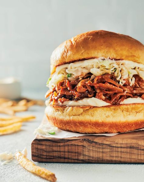 Barbecue Pulled Mushroom Sandwiches Recipe Mushroom Pulled Pork, Mushroom Sandwiches, Pork Barbecue, King Oyster Mushrooms, Mushroom Sandwich, Barbecue Pulled Pork, King Oyster, Oyster Mushrooms, Pork Sandwich