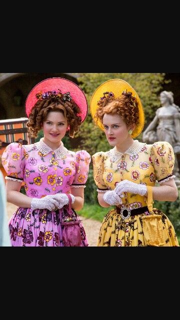 Step sisters & hair Cinderella Stepsisters, Cinderella Makeup, Cinderella Musical, Cinderella Live Action, Anastasia And Drizella, Sandy Powell, Sister Costumes, Cinderella Hair, Holliday Grainger