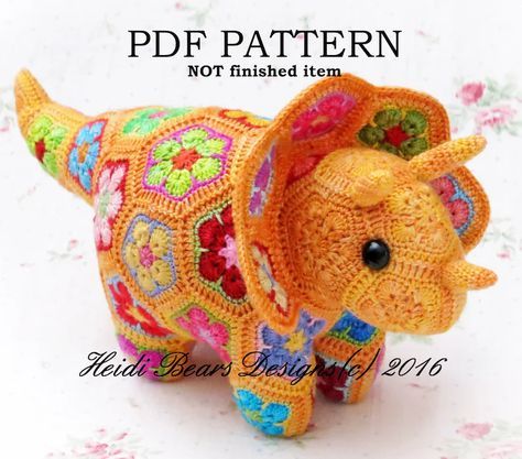 Plod the African Flower Triceratops - Etsy African Flower Triceratops, African Flower Crochet Animals, African Flower Crochet, Crochet African Flowers, African Flowers, Flower Crochet, Crochet Animals, Crochet Flowers, Stuffed Animals