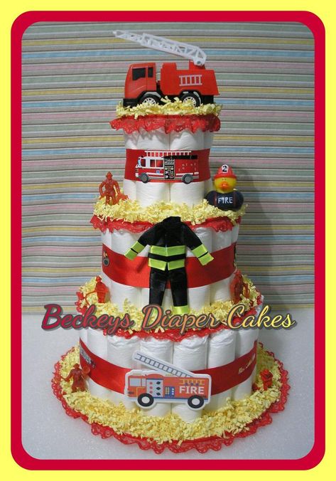 Fireman Diaper Cake Diaper Cake Boy Diaper Cake Girl | Etsy Fireman Baby Showers, Firefighter Baby Showers, Display Cake, Firefighter Baby, Fig Cake, Girl Diaper Cake, Diaper Cake Boy, Baby Diaper Cake, Salty Cake