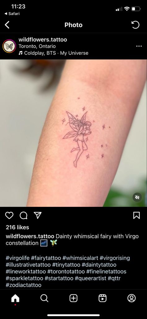 Fairy With Dress Tattoo, Disney Fairy Tattoo, Virgo Fairy Tattoo, Pixie Hollow Tattoo, Fairy Tattoo Ideas For Women, Mirror Tattoos, Tattoo Dress, Virgo Constellation, Virgo Tattoo