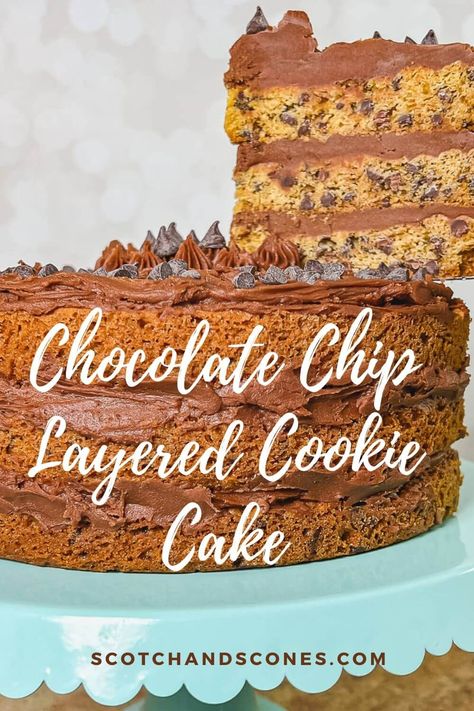 A chocolate chip layered cookie cake takes everyone's favorite cookie and makes it into a soft and chewy cookie cake studded with mini chocolate chips and an enticing brown sugar flavor. Topped with chocolate buttercream frosting, it's a fun take on layer cakes! Layered Cookie Cake, Cookie Layer Cake, Unfrosted Cake, Chocolate Chip Cookie Cake, Chocolate Buttercream Frosting, Cookie Cake Recipe, Chocolate Chip Cookie Bars, Cake Sizes, No Bake Bars