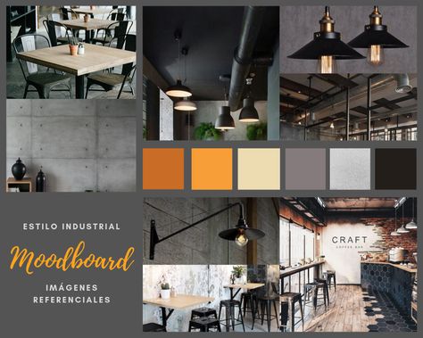 Office Mood Board Color Schemes, Industrial Color Palette Mood Boards, Industrial Interior Design Color Palette, Restaurant Mood Board, House Palettes, Industrial Color Scheme, Industrial Color Palette, Visual Techniques, Modern Industrial Office