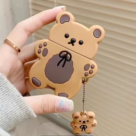 Brand New Cute 3d Cartoon Brown Bear Silicone Wireless Earphone Case With Keychain - For Airpods 1st & 2nd Generation Cover Accessories (Airpods Not Included) Elephant Accessories, Cat Scarf, Keychain Clip, Face Mask Set, Fingerless Mittens, 3d Cartoon, Stocking Stuffer Gifts, Pink Elephant, Liner Socks