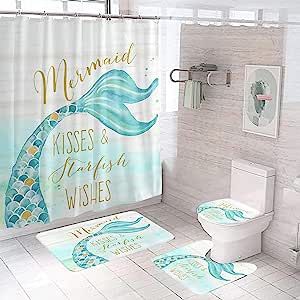 Mermaid Curtains, Ocean Themed Bathroom, Bathroom Accessories Decor, Mermaid Shower Curtain, Mermaid Bathroom, Kids Shower Curtain, Toilet Lid Cover, Floral Shower Curtains, Set Decor