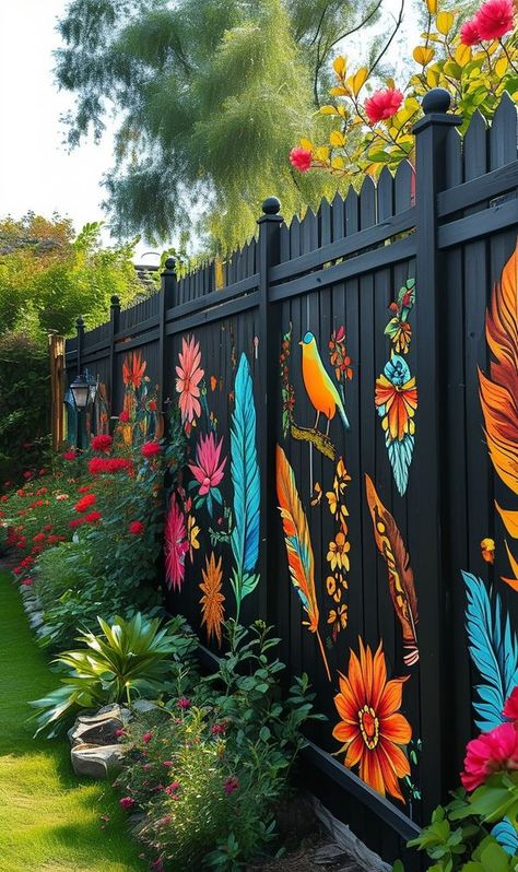 Bohemian Boho - More ideas @... Flower Mural On Shed, Fence Mural Ideas, Painted Fences, Fence Murals, Fence Painting, Garden Fence Art, Garden Mural, Boho Style Decor, Backyard Fence