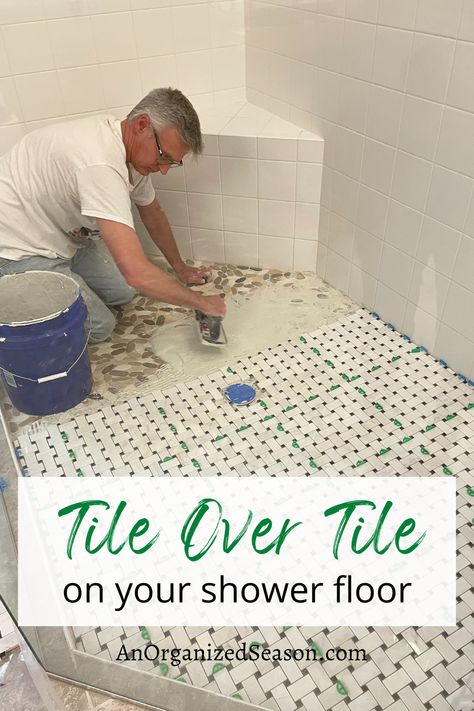 Tile Shower Remodel Diy, Tile Over Shower Tile, How To Tile Over Tile Bathroom, How To Redo Shower Tile Floor, How To Change Tile Color, Laying Tile Over Tile Flooring, Replacing Shower Tile, Tiling A Shower Floor, Retile Shower Floor