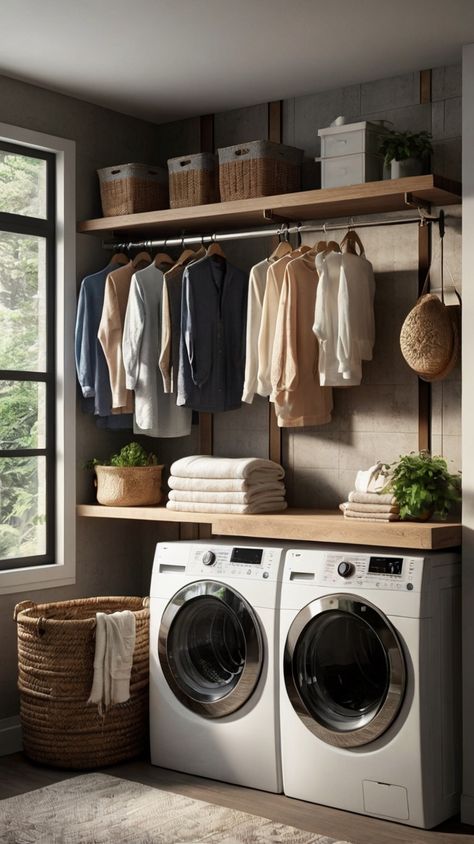 Laundry Room Ideas Long And Narrow, Small Mud Room With Stackable Laundry, Small Laundry With Hanging Rail, Small Laundry Room Ideas With Drying Rack, Laundry Room Modern Design, Laundry Room Ideas With Drying Rack, Side By Side Laundry Closet, Pantry Laundry Room Ideas, Mauve Laundry Room Ideas