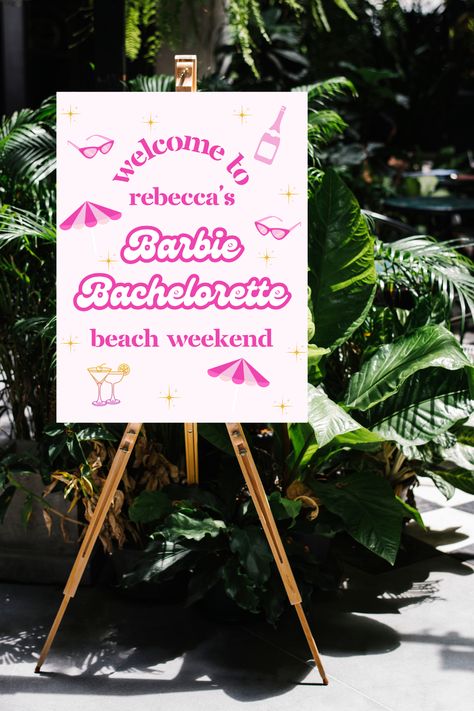 Beach Barbie Bachelorette Welcome Sign 🏖️💞 Welcome Sign Beach, Bridal Barbie, Beach Barbie, Barbie Bachelorette, Barbie Bridal, Bachelorette Themes, Bachelorette Decorations, Barbie Bride, Wedding 2024