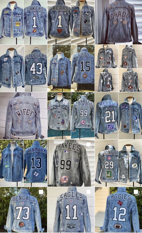 Jeans Skirt Outfit, Customised Denim Jacket, Custom Jean, Custom Jean Jacket, Diy Denim Jacket, Custom Denim Jacket, Hand Painted Denim Jacket, Team Jackets, Denim Jacket Patches