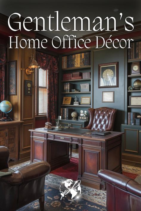 Decorate a gentleman’s office by combining industrial small office design with rustic elements. Choose a rustic home office desk and enhance the space with metal fixtures and wood accents for a bold, masculine aesthetic that’s both modern and classic. #industrialsmallofficedesign #rustichomeofficedesk #rusticmensoffice #officerusticdesign #woodandblackinteriordesign #woodstoneinteriordesign #manofficeideas #modernrusticdecor Traditional Gentlemans Office, Masculine Office Lighting, Dark Academia Aesthetic Office, Restoration Hardware Office Ideas, Male Home Office, Masculine Office Ideas, Men’s Home Office, Modern Rustic Interior Design, Masculine Office Decor