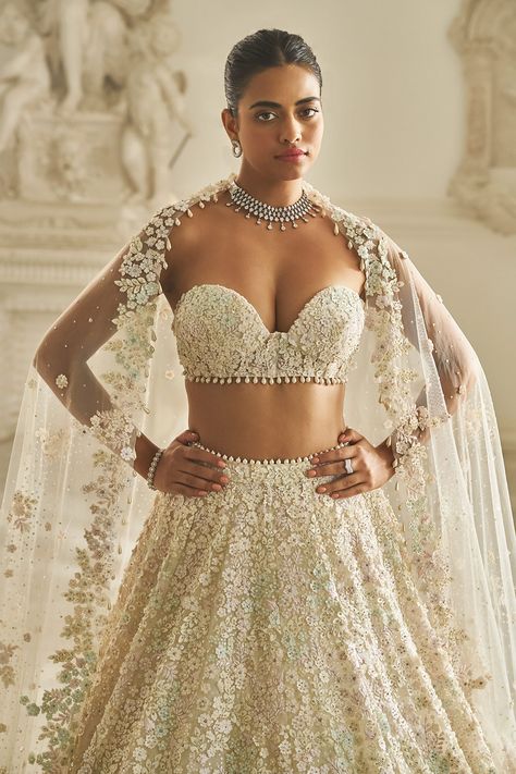 Buy Multi Color Net Embroidered Pearls 3d Bridal Blouse Lehenga Set For Women by Seema Gujral Online at Aza Fashions. Indian Wedding Reception Outfits, Organza Cape, Pearl Tassels, Cape Lehenga, Seema Gujral, Dimensional Embroidery, Haldi Outfits, Indian Wedding Gowns, Royalty Aesthetic