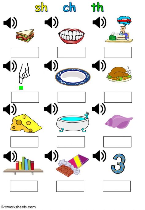 sh ch th digraphs - Interactive worksheet Ch Phonics Worksheets, Th Words Worksheets, Phoneme Activities, Th Worksheet, Diagraph Worksheets, Phonemes Activities, Beginning Sounds Kindergarten, Lkg Worksheets, Ch Words