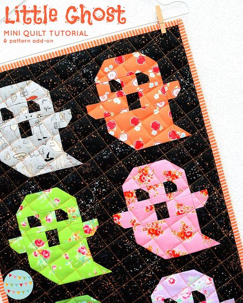 [Dieser Beitrag enthält Werbung] The Ghost Mini quilt is the last project in my Halloween pattern add-on showcase! I love this bright and cheerful little quilt that will make the perfect addition to your Halloween decor. It measures 15 ½“ x 22 ½“ and is a quick and easy make! Thanks for stopping by and... Ghost Quilt Block, Ghost Quilt, Autumn Quilt, Halloween Quilt Patterns, Quilt Sampler, Fall Quilt Patterns, Halloween Crafting, Halloween Quilt, Mini Quilt Patterns