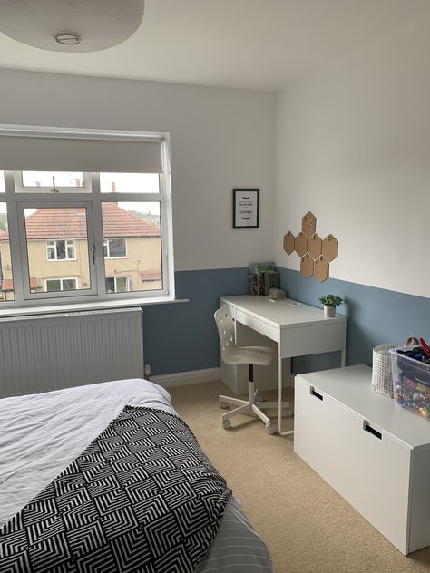 Boys bedroom. Half walls. B&Q Monaco paint. Half Painted Wall Bedroom Blue, Blue Half Wall Bedroom, Split Painted Walls, Half Painted Wall Bedroom, Boys Room Blue Walls, Boys Bedroom Grey, Blue Bedroom Paint, Blue Kids Room, Boys Room Blue