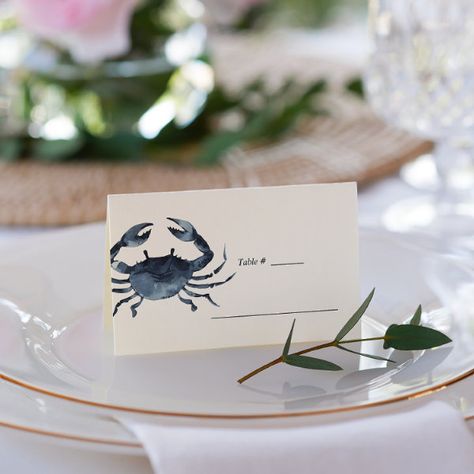 The Blue Crab | Nautical Wedding table place Place Card Crab Feed, Chic Wedding Table, Starfish Wedding Invitations, Crab Illustration, Nautical Invitations, Daughter Wedding Gifts, Nautical Chic, Starfish Wedding, Yacht Wedding