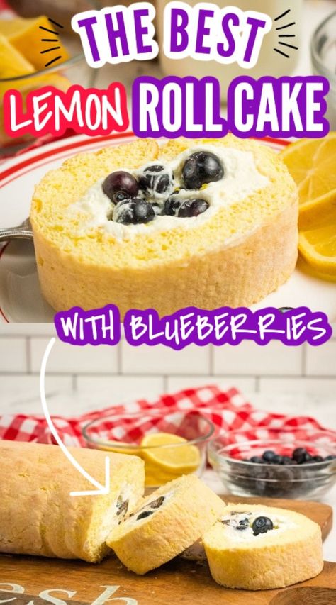 Serve up this delicious homemade lemon Swiss roll. A lemon blueberry dessert that is filled with a cream cheese filling that is so good. This is a delicious spring or summer dessert that is great for entertaining. Blueberry Cake Roll, Lemon Roll Cake Recipe, Lemon Cake Roll, Dessert Favorites, Budget Desserts, Dessert Lemon, Cake Blueberry, Lemon Blueberry Cake, Chicory Recipe