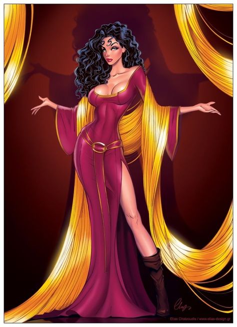 Dark Disney Princess, Dark Disney Art, Disney Pin Up, Elias Chatzoudis, Dunia Disney, Mother Gothel, Disney Version, Dark Disney, Twisted Disney