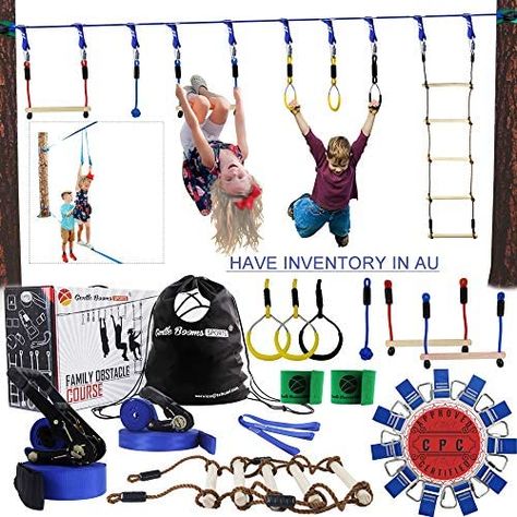 Gentle Booms Sports Ninja Warrior Line Hanging Obstacle Course for Kids Activities- 56ft Slackline Kit, Monkey Bar, Ninjaline Ladder, fist, Rings - Backyard Tree Training Equipment Outdoor Play Gym : Amazon.com.au: Toys & Games Obstacle Course For Kids, Kids Obstacle Course, Gymnastic Rings, Outdoors Birthday Party, Outdoor Fitness Equipment, Rope Ladder, Outdoor Birthday, Monkey Bars, Ninja Warrior