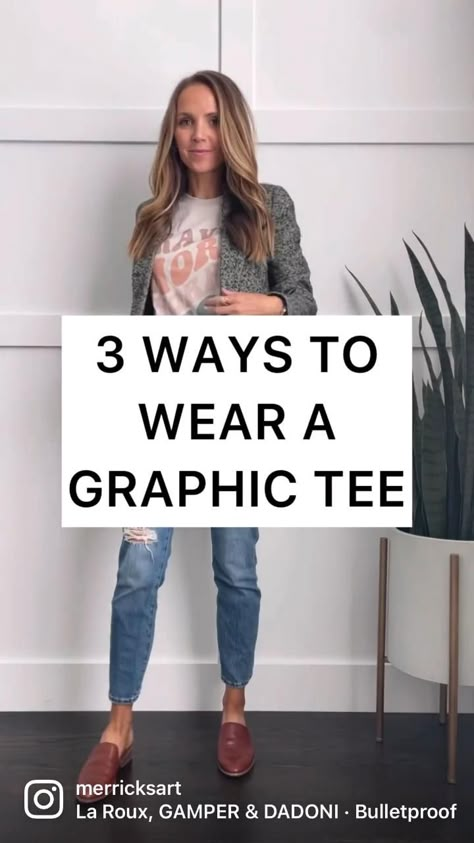 3 ways to wear a graphic tee…which outfit is your favorite? 1️⃣, 2️⃣, or 3️⃣?? Tell me! 👇🏼
 • https://www.merricksart.com/how-to-wear-a-graphic-t-shirt/ Graphic Tee Casual Outfit, Style A Tshirt Outfit Work, Dressing Up A Tshirt Dress For Work, Dressing Up Graphic Tee, Graphic Tee Professional Outfit, T Shirt Fashion Outfit, Graphic T Shirt Outfits Women, Style A Graphic Tee Outfits, T Shirt Office Outfit