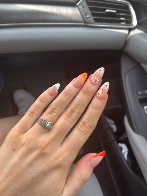 orange and white nails Spring nails Summer nails Almond gel acrylic nails White And Orange Nail Designs, Hen Nails, Orange And White Nails, White Nails Spring, Nessa Nails, Teacher Nails, Summer Nails Almond, Spring Break Nails, Orange Nail Designs