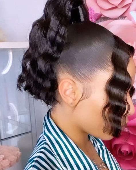 Crimp Ponytail, Crimped Ponytail, Ponytail Black Women, Natural Updo, Weave Ponytail Hairstyles, Half Up Half Down Hair Prom, Weave Ponytail, Hair Charms, Black Ponytail Hairstyles