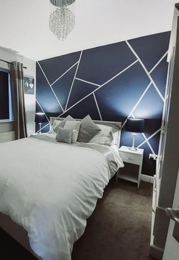 Male Room Paint Ideas, Geometric Pattern For Wall, Blue Wall Painting Ideas Bedrooms, Bedroom Colour Design, Wallpaintings Ideas, Geometric Wall Painting, Bedroom Pillows Arrangement, Bedroom Paint Design, Teenager Bedroom Design