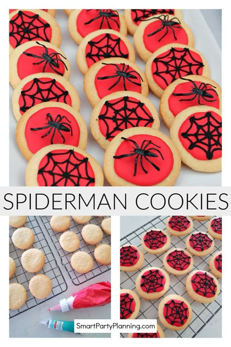 Spiderman Birthday Party Minimal, Spiderman Recipes, Spiderman Dinosaur Party, Spider Man Birthday Food, Spiderman Birthday Food, Spidey Party Food, Spiderman Birthday Cake Easy, Spiderman Desserts, Spiderman Party Food Ideas