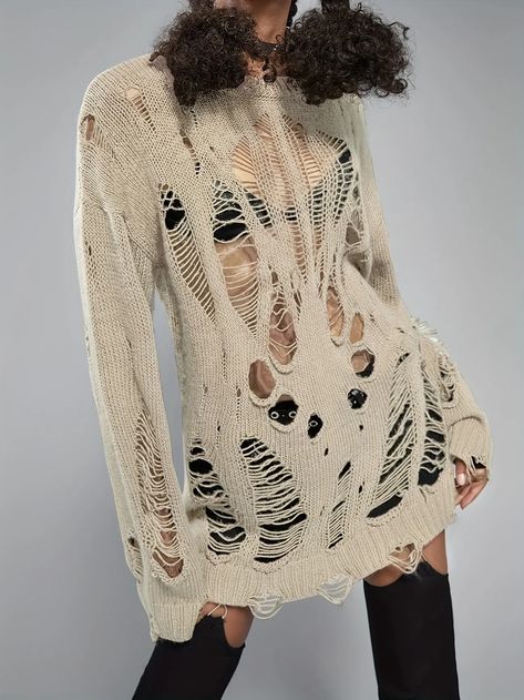 Solid Ripped Knit Sweater Distressed Long Sleeve Summer Sweater Womens Clothing | Buy More, Save More | Temu Distressed Knitted Sweater, Distressed Knit Dress, Ripped Clothes Aesthetic, Distressed Sweater Diy, Distressed Knitting, Distressed Sweater Outfit, Moss Clothes, Deconstructed Sweater, Ripped Knit Sweater