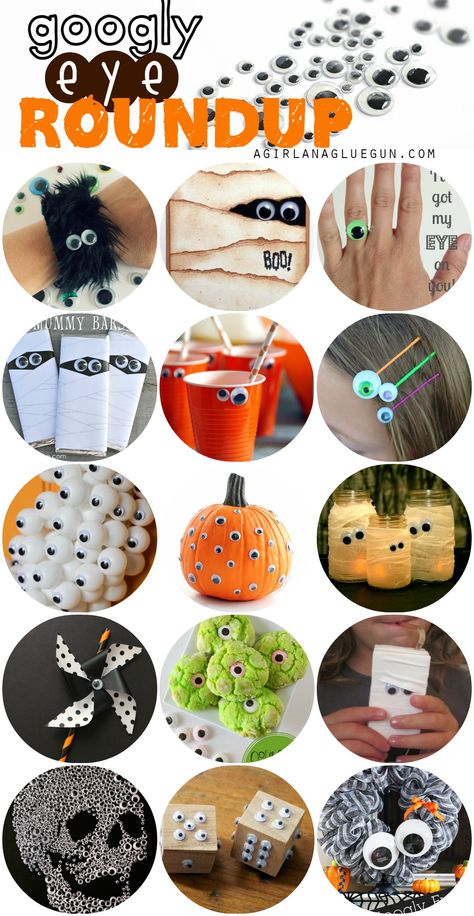 last year I got totally into googly eyes! I put them on everything and anything! So a roundup was inevitable!  mummy wreath googley eyeball frame! Halloween fingernails googly eye pumpkin! (no carve!)   fun ways to decorate your hair for Halloween!   Easiest treat bags ever!   a cute juice box for classroom parties! Adorable … Diy Giant Googly Eyes, Pumpkin With Googly Eyes, Goggly Eyes Crafts, Googley Eye Crafts For Kids, Googly Eye Crafts Halloween, Googly Eye Crafts, Diy Halloween Home Decor, Diy Halloween Gifts, Halloween Party Decor Diy