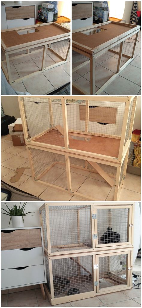 Diy Animal Cage Ideas, Home Made Rabbit Cage, Wood Rabbit Cage, Outside Cage For Rabbits, Cheap Bunny Cage Ideas, Indoor Chicken Cage, Diy Indoor Rabbit Cage, Homemade Bunny Cage, Bunny Cage Diy