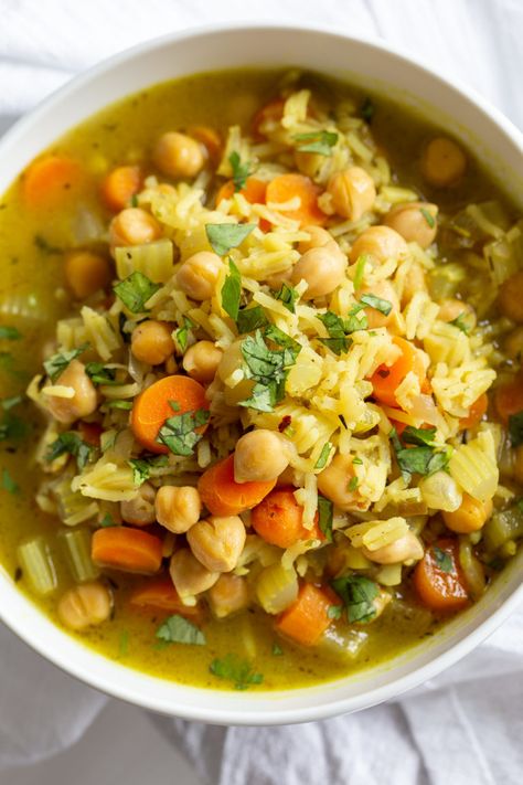 Comforting and Healing Vegan Chickpea Rice Soup with Veggies. A glutenfree variation of Vegan Chicken Noodle Soup. Easy 1 Pot 30 minute meal. #vegan #veganricha #Glutenfree #Nutfree #Recipe #Soyfreeoption #plantbased #vegan #veganrecipes #vegetarian #healthy #meatless #cleaneating #vegansoup Soup With Veggies, Chickpea Rice, Vegan Chicken Noodle Soup, Chicken Noodle Soup Easy, Vegan Richa, Vegan Chickpea, Vegan Chicken, Soup Easy, Vegan Soup Recipes