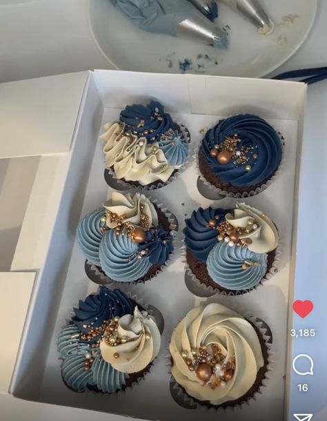 Navy Blue, Areo Blue, creme, &' a hint of copper Navy Blue And Gold 40th Birthday, Navy Blue And White Cupcakes, Navy Blue And Gold Cupcakes, Quince Cake Table, Navy Blue Cupcakes, Blue And Gold Cupcakes, Vintage Plane Party, Med School Party, Navy Blue Cake