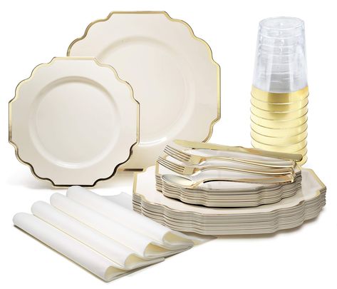 PRICES MAY VARY. 960 Piece Set Pack Includes: 120 x 10.5'' Dinner Plate + 120 x 8'' Appetizer/Dessert plates, 240 forks, 120 spoons, 120 knives (Gold Coated), 120 x Linen like paper napkins (white), 120 x 10oz tumblers Premium Disposable Vintage Plastic Plates. Looks like real China. Add a touch of elegance and to your next party or dinner. Where you want an elegant and fancy look with the convenience of disposable. Ideal for holidays, large gatherings, weddings and special events. Bridal shower Plastic Plates Wedding, Gold Plastic Silverware, Gold Plastic Plates, Gold Silverware, Gold Cutlery Set, Disposable Plastic Plates, Plastic Silverware, Gold Dinnerware, Gold Cutlery