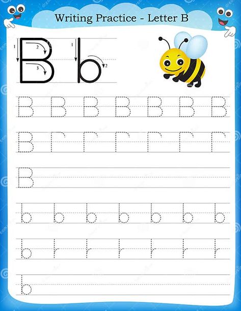 Writing practice letter B stock vector. Illustration of education - 50726400 Letter B Worksheets For Kindergarten, Letter B Printable, Basic Writing Skills, Writing Worksheets Kindergarten, Letter B Worksheets, Worksheet For Preschool, Writing Worksheets, Tracing Worksheets, Letter B