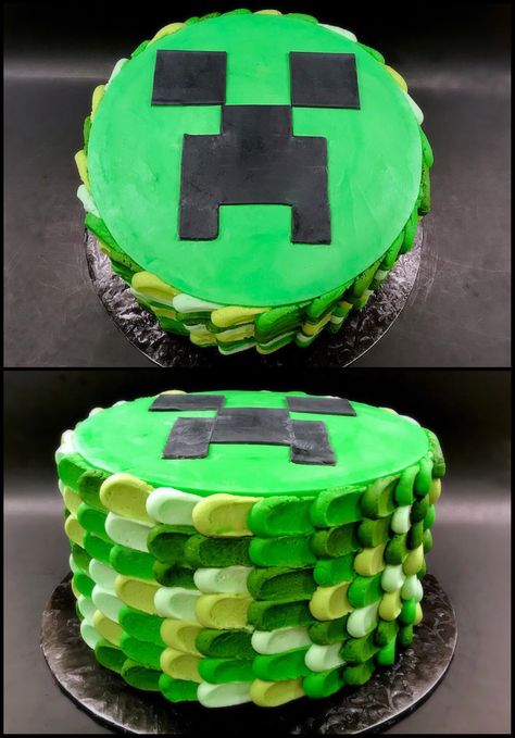 Minecraft theme cake! #nikijoycakes #cake #cakesofinstagram #buttercream #modelingchocolate #minecraft #minecraftcreeper Minecraft Cookie Cake Ideas, Minecraft Grass Block Cake, Mind Craft Birthday Cake, Minecraft Smash Cake, Minecraft Themed Cake, Minecraft Ice Cream Cake, Minecraft Birthday Cake Buttercream, Minecraft Round Cake, Small Minecraft Cake