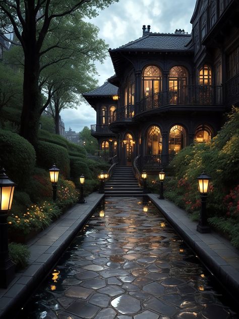 Vampire House Aesthetic Exterior, Mansion Dark Aesthetic, Fairytale House Exterior, Mansion In Woods, Mansion In The Woods, Moody Mansion, Dark Mansion, Mansion Exterior, Medieval Houses