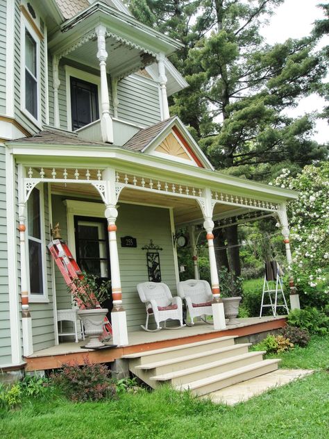 Farmhouse Front Porch Decorating | Front Porch Gets New Ceiling Open Concept Small House, Front Porch House Plans, Victorian Front Porch, Painting Stairs, Farmhouse Porches, Detailed House, Front Porch Addition, Rustic Front Porch, Porch House