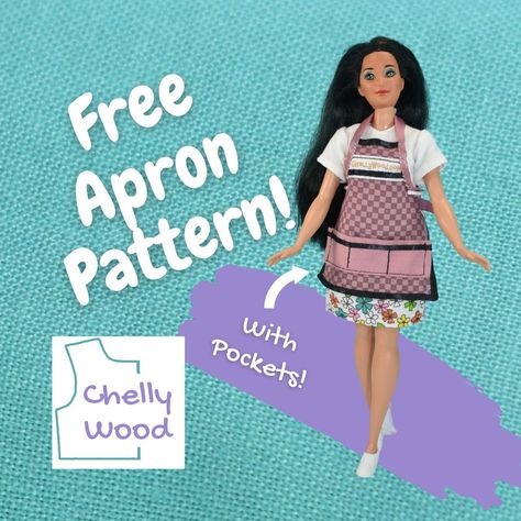 How to sew an apron with pockets for Curvy Barbie dolls w/free PDF sewing pattern @ ChellyWood.com #Chef #Cooking Sew An Apron, Free Apron Pattern, Free Doll Clothes Patterns, Free Printable Sewing Patterns, Tammy Doll, Free Barbie, Apron Tutorial, Chef Cooking, Apron Pattern