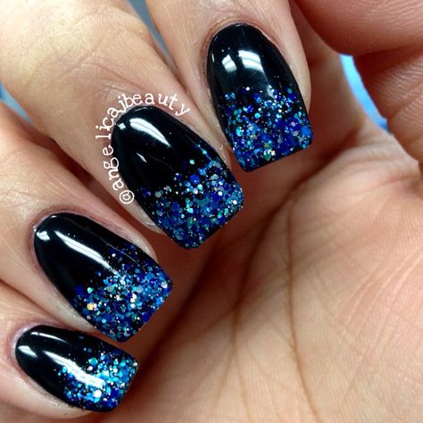 Black And Blue Gel Nail Designs, Black Nails Blue Glitter, Blue Black Silver Nails, Black And Blue Glitter Nails, Black Nails With Blue Glitter, Dark Blue Sparkle Nails, Dark Blue And Black Nails, Black And Blue Nail Ideas, Black Sparkle Nails