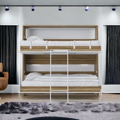 Designed to be both modern and minimalist, the Ortis Bunk Murphy bed has been created for people in need of space-saving. This wall bed is equipped with a superior European mechanism that flips the bed open and closed. Save space while also adding a distinctive style to your home with this must-have Murphy bed. Color: Oak/White | VVRHomes Twin Low Profile Murphy Bed w / Mattress Wood in Brown | 87.5 H x 83.5 W x 52.5 D in | Wayfair Bunk Murphy Bed, Murphy Bunk Beds, Bunk Beds Boys, Custom Bunk Beds, Bed With Mattress, Modern Murphy Beds, Daybed With Storage, Kids Bunk Beds, Wayfair Furniture