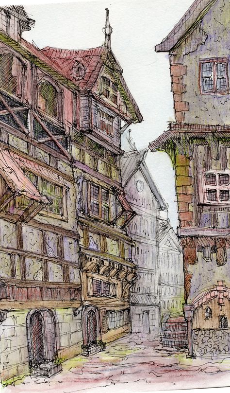 Old Village Drawing, Street Watercolor, European Streets, Village Drawing, Village Street, Old Village, Urban Sketch, Building Illustration, Village People