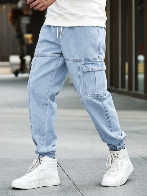 Loose Fit Men's Jogger Jeans With Flap Pockets On Sides Light Wash    Denim Plain Tapered/Carrot Non-Stretch  Men Clothing, size features are:Bust: ,Length: ,Sleeve Length: Men Jogger Jeans, Casual Joggers, Jeans Cargo, Jeans Casual, Street Style Chic, Pantalon Cargo, Cargo Jeans, Mens Joggers, Urban Chic