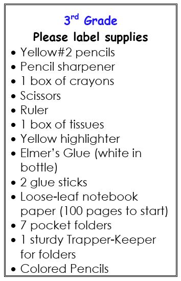 3rd Grade Supply List  AFNORTH Elementary School – US Section 2015-2016 School Year School Supplies List Elementary, Elementary School Supplies, School Supplies Elementary, Middle School Supplies, Homeschool Field Trips, Supply Labels, School Supplies Organization, Back To School Hacks, School Supplies List