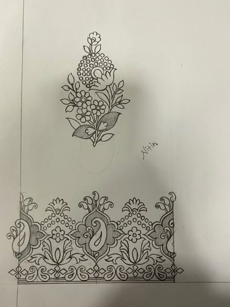 Saree Butta Design Sketch, Khakha Designs, Flower Pattern Drawing, Beautiful Flower Drawings, Lace Painting, Geometric Design Art, Pattern Coloring Pages, Jewelry Design Drawing, Border Embroidery Designs