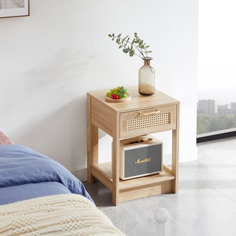 1.Product dimensions: 15.75"*15.75"*21.65" Net weight: 20.06lbs Load-bearing capacity:120lbs 2.Material: The main body is made of MDF, with rattan woven door panels and aluminum alloy handle. 3.Exquisite appearance: This side table features a rattan… Woven Door, Rattan End Table, End Table With Drawer, End Tables With Drawers, Rattan Side Table, Table For Small Space, Bedroom Furniture Stores, Brown Living Room, Living Room End Tables