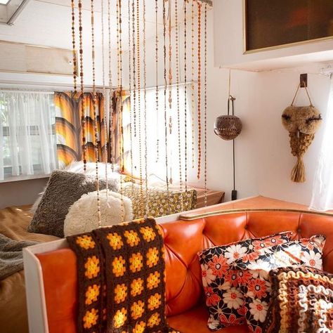 70s Beads Curtain, 70s Beaded Curtain, 70s Caravan, 1970s Curtains, Caravan Interiors, 70s Furniture, Orange Vinyl, Macrame Wall Hangings, Caravan Interior