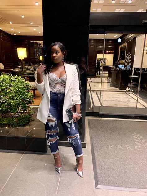 Jeans Bodysuit Outfit Heels, Blazer And Lace Bodysuit Outfit, Lace Bodysuit Outfit Jeans Blazer, Lace Bodysuit Blazer Outfit, Lace Bodysuit With Blazer, Bodysuit Outfit Jeans Going Out, Lace Bodysuit Outfit Night, Lace Bodysuit Outfit Jeans, Jeans And Heels Outfit Going Out