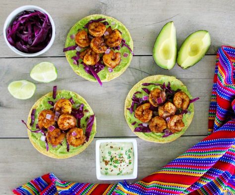 Avocado And Chipotle Shrimp Tostadas With Cilantro Lime Crema Low Calorie Appetizers, Cilantro Crema, Cilantro Lime Crema, Shrimp Tostadas, Chipotle Shrimp, Tostada Recipes, Lime Crema, Traditional Mexican Food, Healthy Low Calorie